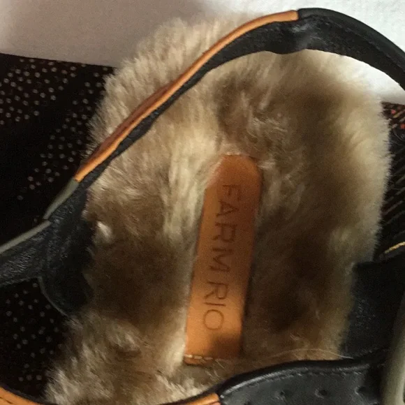 FARM Rio Faux Fur Platform Sandals - Black, Tan, and Gold - Picture 2 of 5
